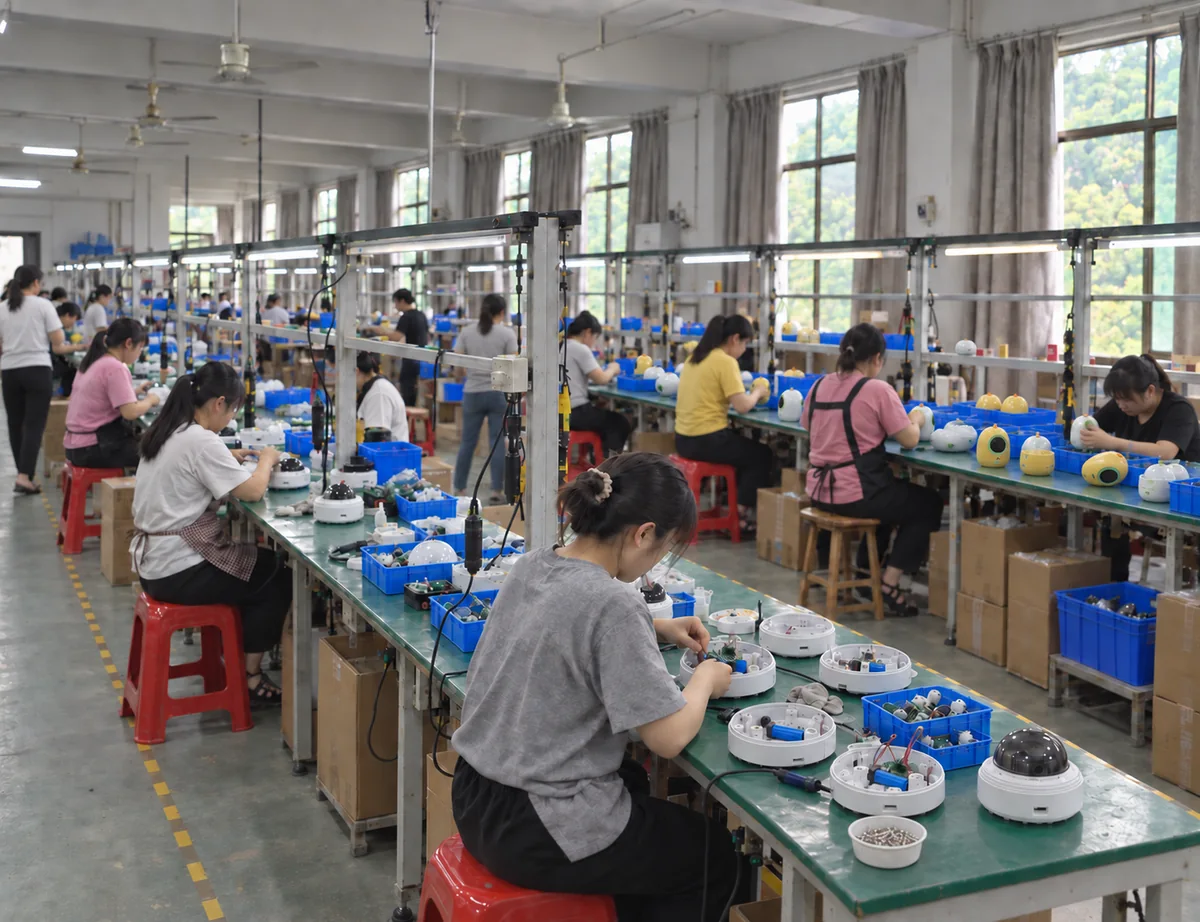 Workers assembling pet products along a factory production line