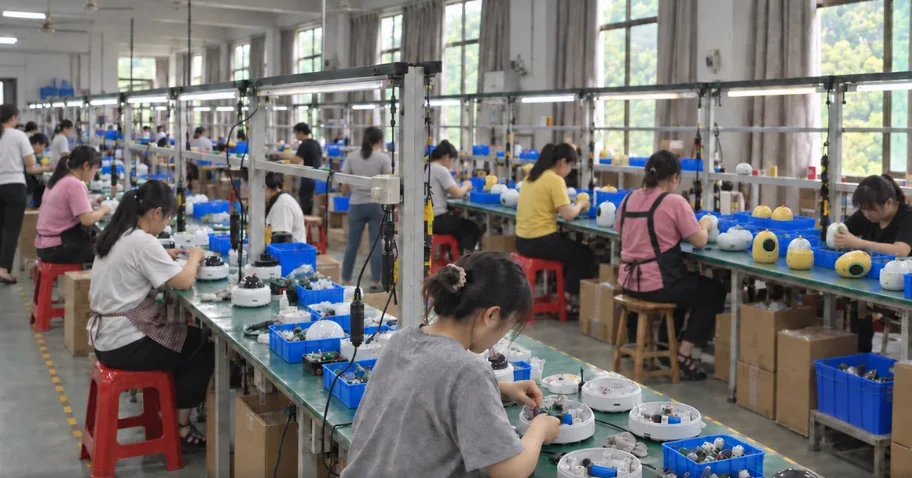 Workers assembling pet toys at the PETURLY manufacturing workshop