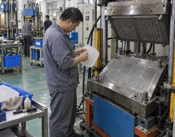 Operator inspecting a moulded component beside manufacturing equipment