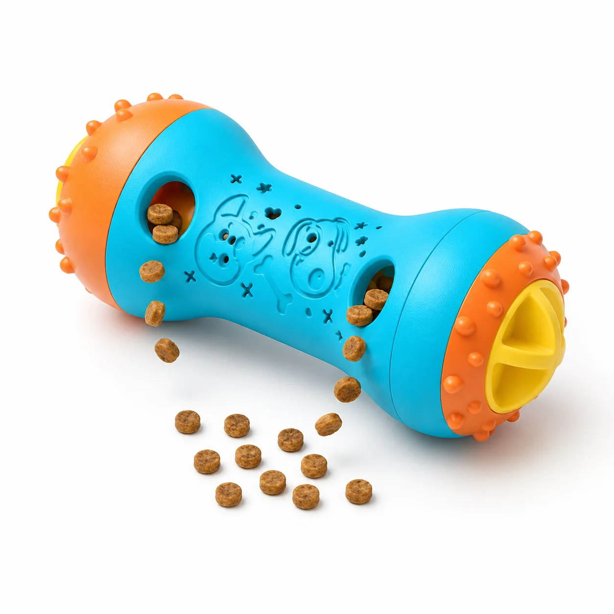 Blue and orange dog toy with treat dispensing openings