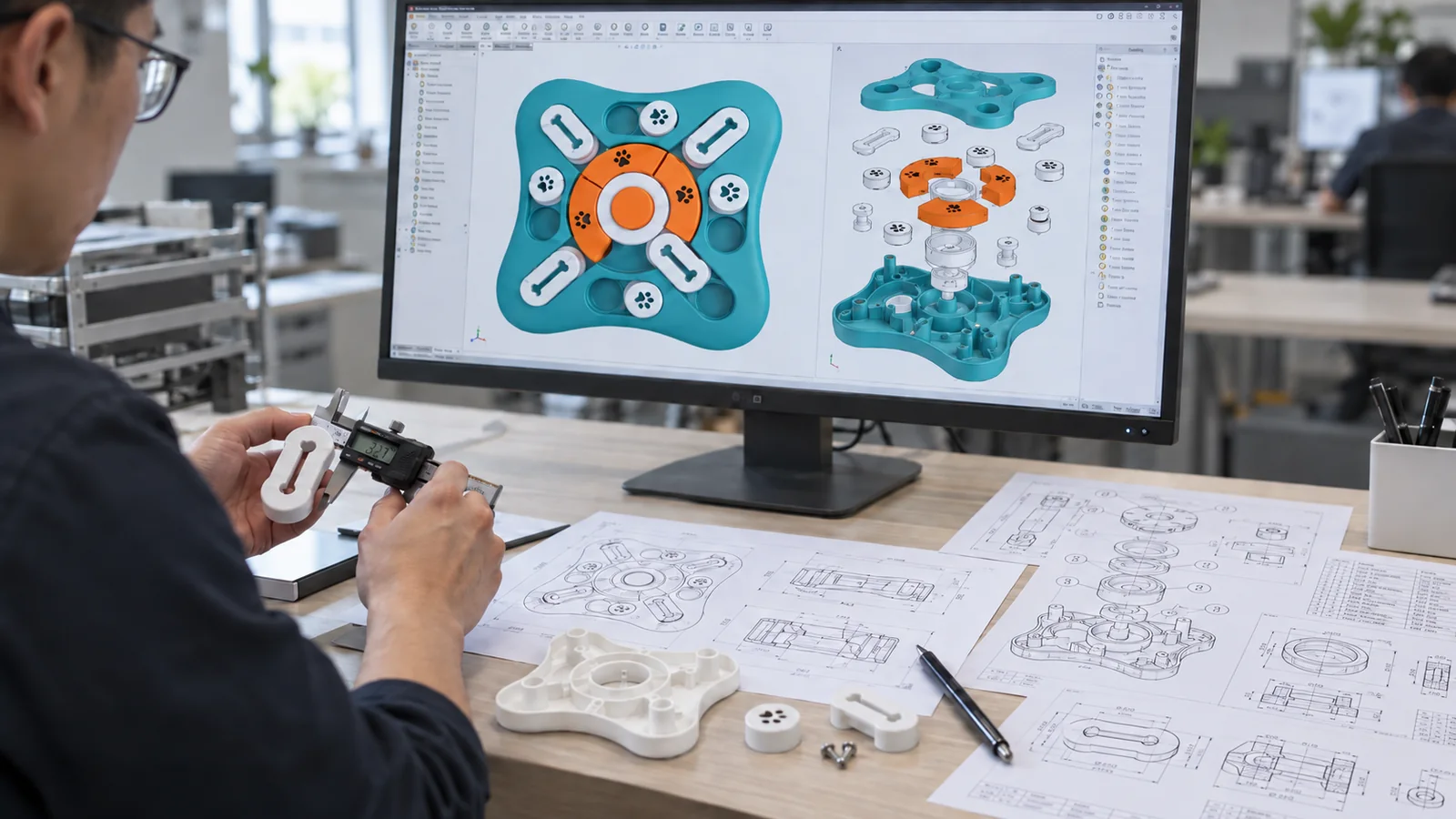 Engineer measuring a pet toy component beside its design review workstation