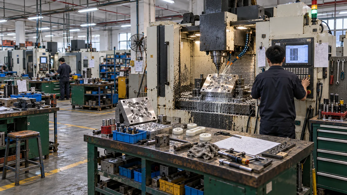 Technician operating CNC equipment in a tooling workshop