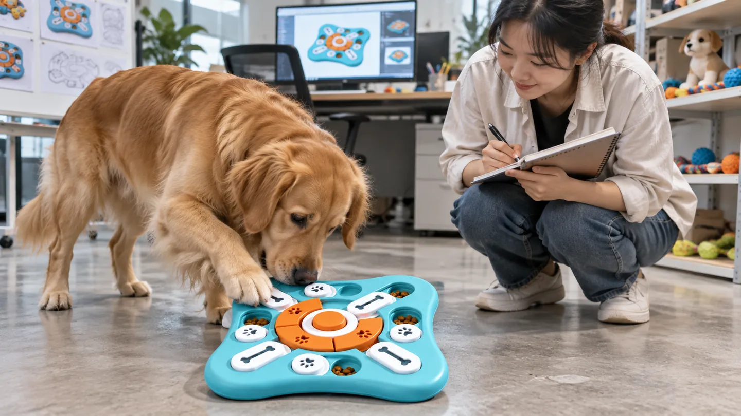 Dog testing the turquoise and orange dog puzzle toy while an engineer observes in the product development office