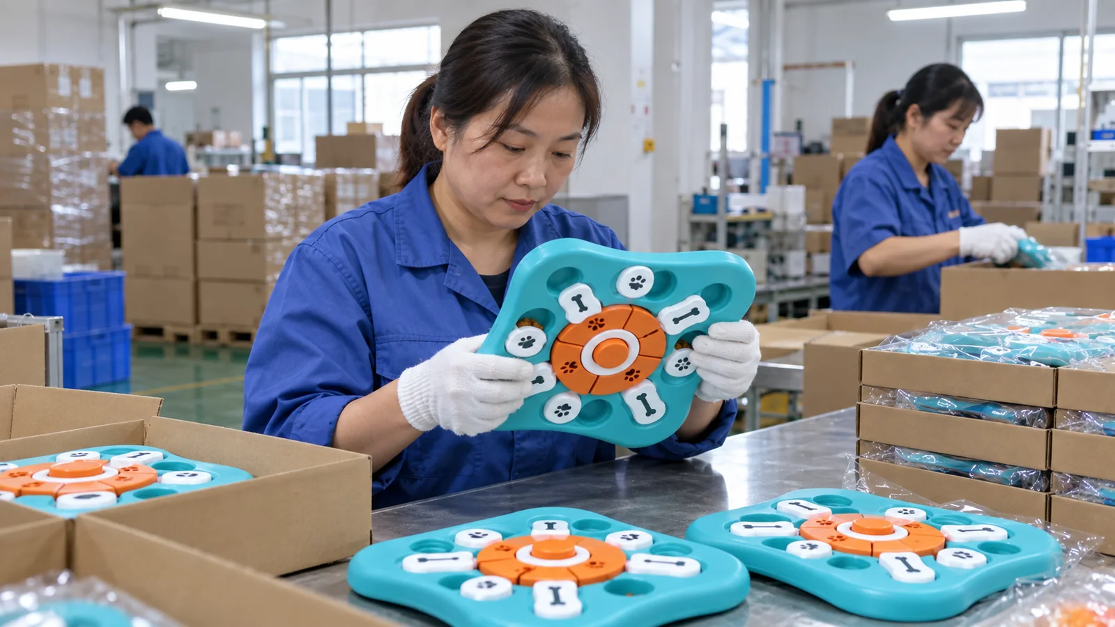 Chinese factory quality inspector checking a dog puzzle toy before packing for dispatch