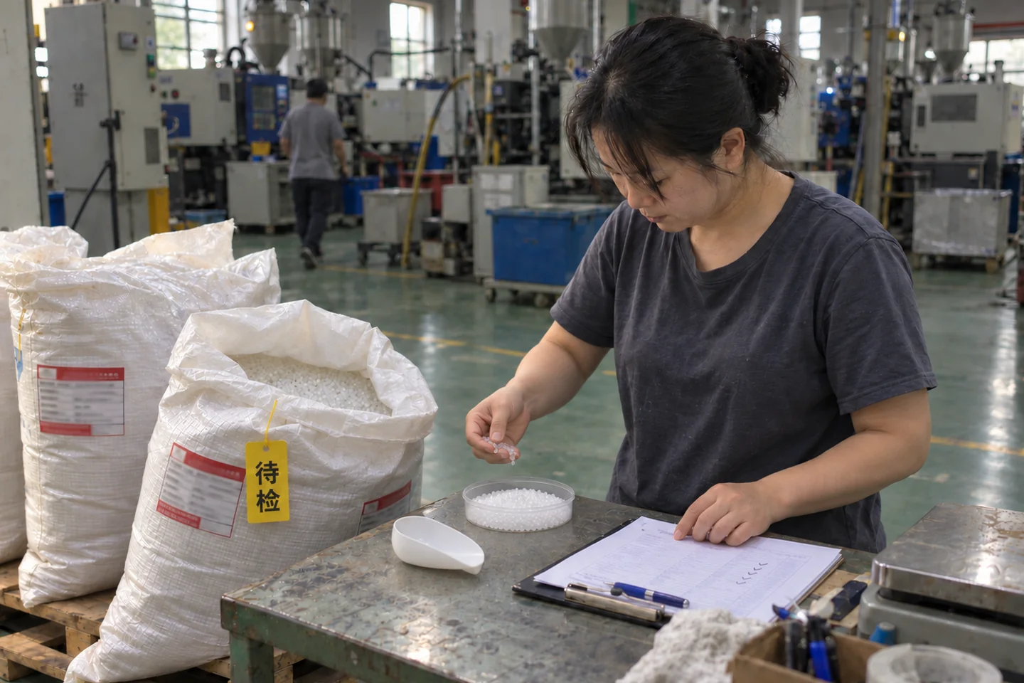 Incoming raw-material inspection at a factory quality bench