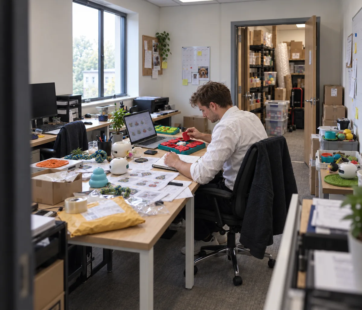 Product developer reviewing pet toy samples and a new product opportunity