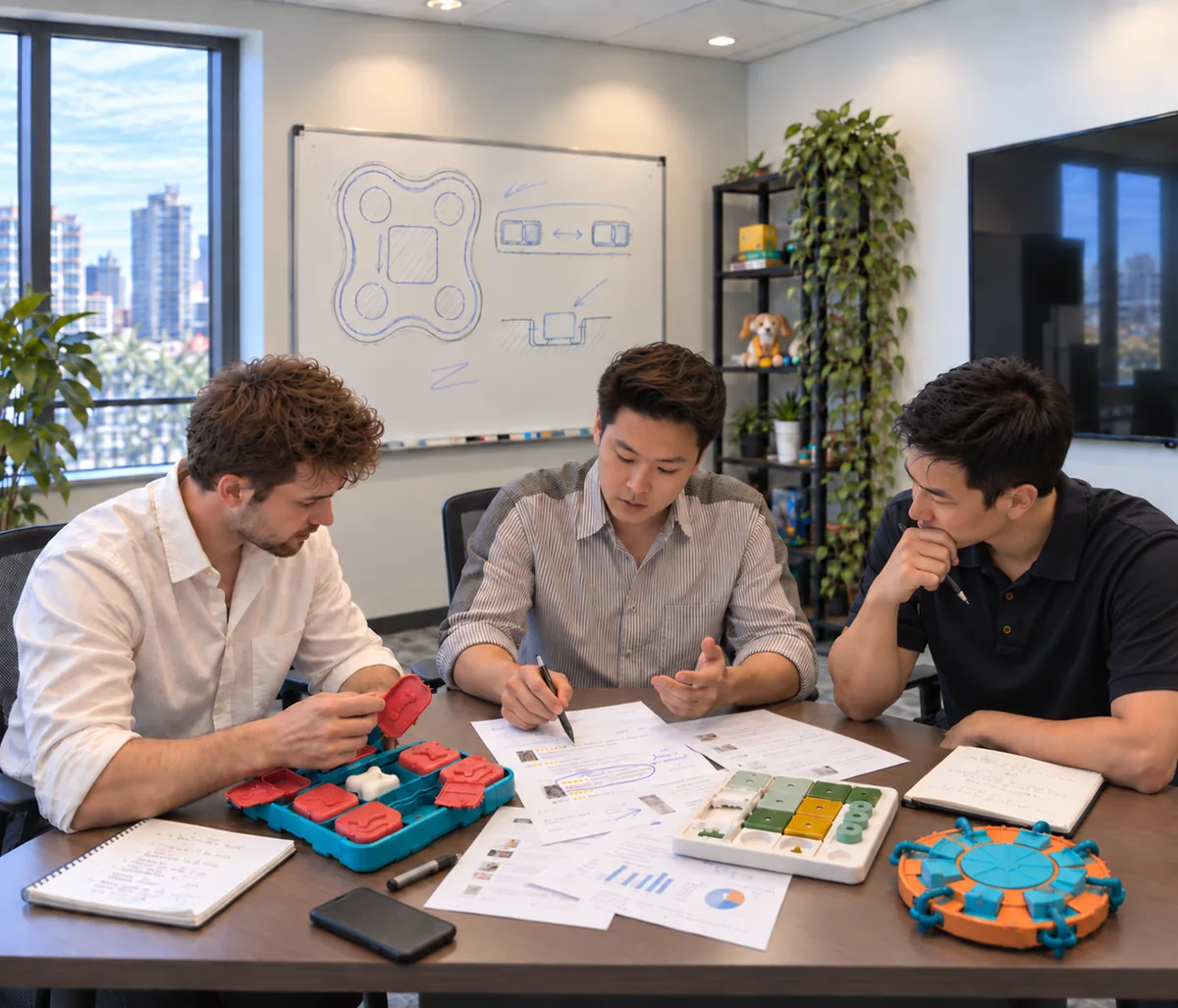 Seller and product team reviewing pet toy concepts together